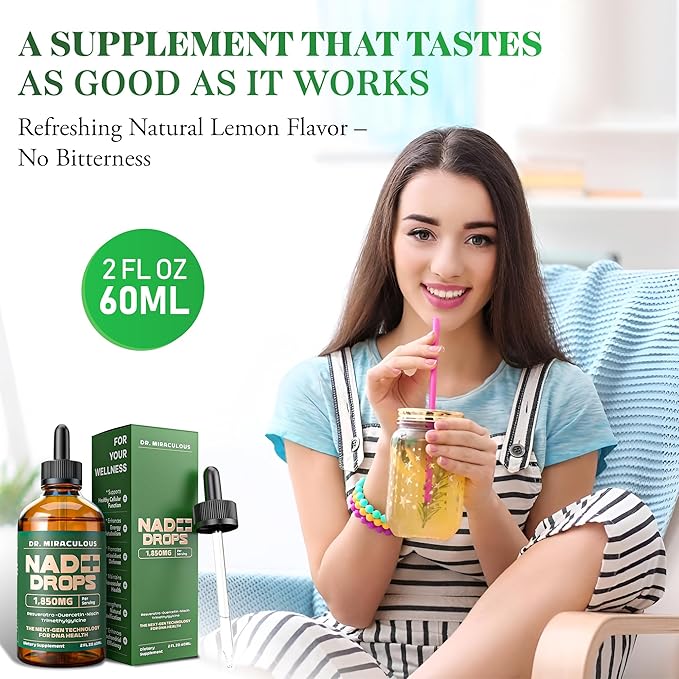 Pure NAD+ Supplements 1850mg Liquid Drops for Women & Man | Nicotinamide Riboside Organic NAD Plus Boosting Supplement - Natural Lemon Flavor