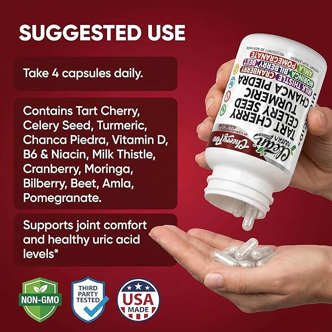 Cherry Flow Tart Cherry Capsules Uric Acid Support Celery Seed Turmeric Chanca Piedra Vitamin D Vitamin B6 Niacin Milk Thistle Moringa Extract Pomegranate Beets 90 Count By Clean Nutra
