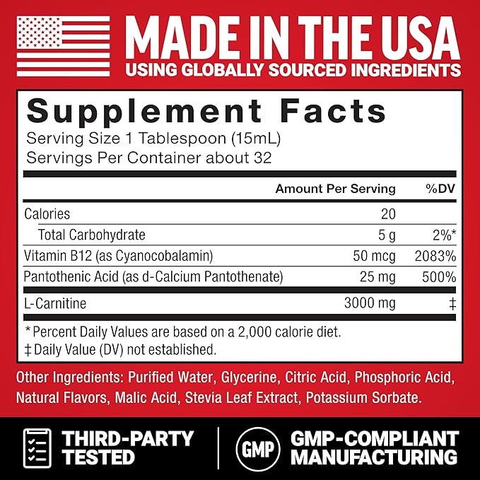 Force Factor L-Carnitine Liquid 3000mg, Maximum Strength Supplement to Support Fat Metabolism, Cellular Energy & Muscle Recovery, High Absorbing, Non-GMO, Berry Flavor, 16 oz Bottle