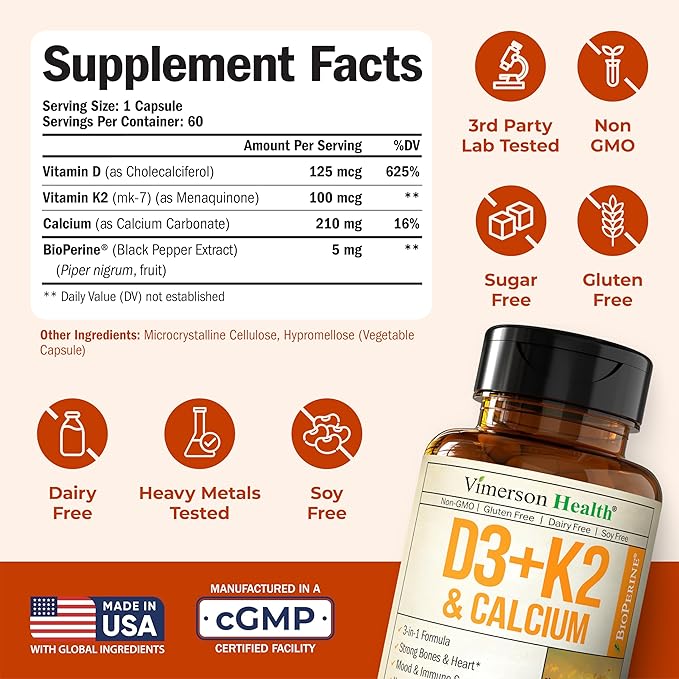 Vitamin D3 K2 Supplement – All-in-1 Support for Immune, Bone & Heart Health with Vitamin D + Vitamin K (as MK7) – K2 D3 (5000 IU) Vitamin Supplement with Black Pepper for Max Absorption, 60 Capsules
