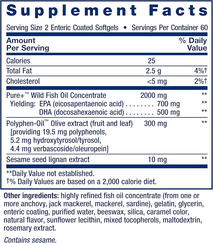 Life Extension Super Omega-3 EPA/DHA Fish Oil, Sesame Lignans & Olive Extract – Heart Health, Brain Health, Inflammation Health Support, Gluten-Free, Enteric-Coated, Non-GMO, 120 Softgels