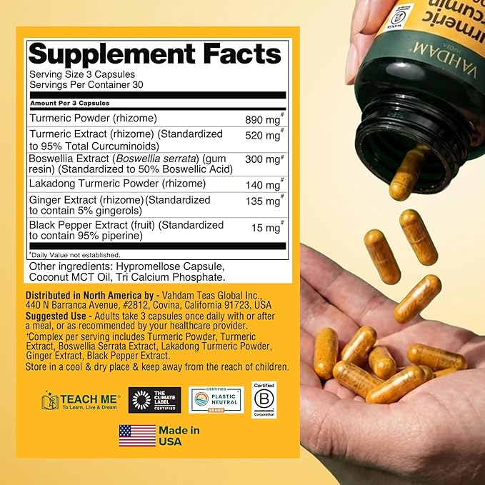 VAHDAM, Turmeric Curcumin Supplement 2000mg (500mg Curcuminoids) with Boswellia & Piperine for Fast Absorption | Supports Joint Health and Mobility | 90 Capsules