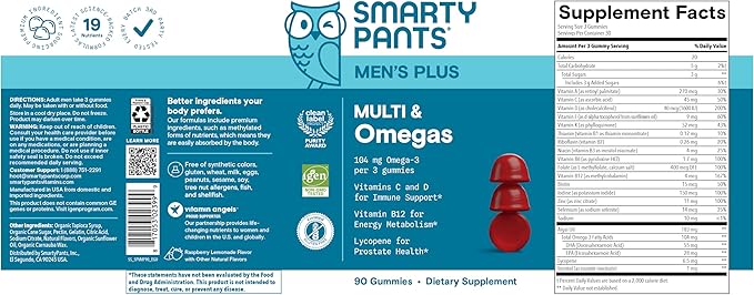 SmartyPants Men’s Multivitamin Gummies with Omega 3 DHA/EPA, Methylfolate, Vitamin D3, C, B12, B6, A, K, Zinc, Raspberry Lemonade Flavor, 90 Count (30 Day Supply)