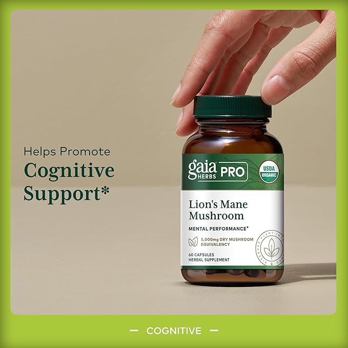 GAIA HERBS PRO Lion's Mane Mushroom - Supports Brain & Neurological Health* - Organic Mushrooms - 2,500mg Per Serving - Gluten-Free - 60 Capsules (30 Servings)
