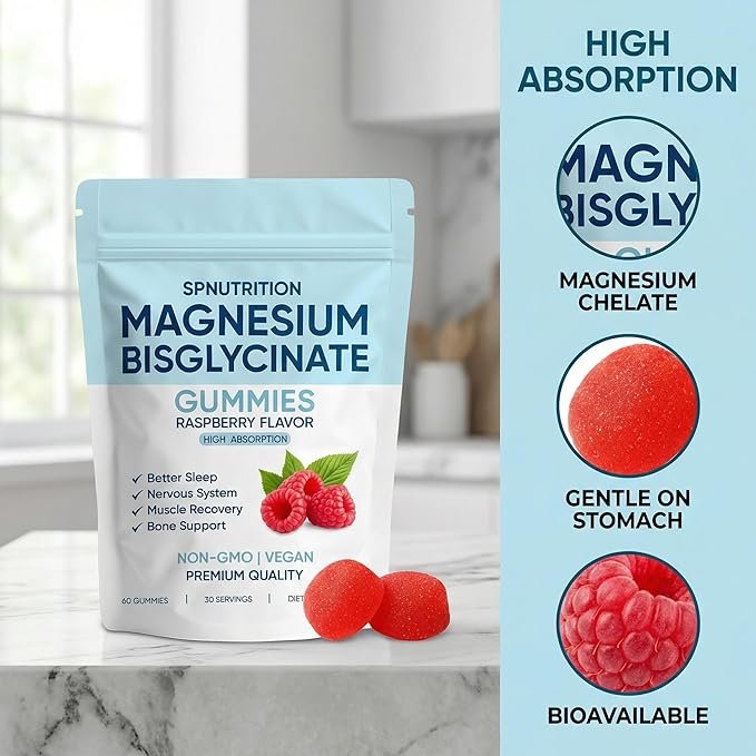 Spnutrition Magnesium Bisglycinate Gummies, 400mg Magnesium Bisglycinate Chelate with Sea Salt & Raspberry Powder, Supports Sleep, Nerve & Muscle Relaxation, Bone Health Support, Vegan, 60 Gummies (1)