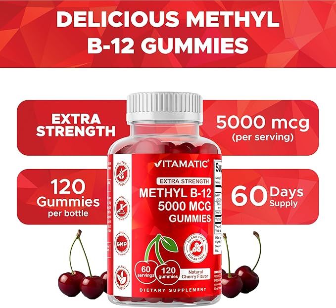 Vitamatic 2 Packs Extra Strength Vitamin B12 5000 mcg (Methyl B12) Gummies - 120 Count - Energy Metabolism Support and Nervous System Health Support, Natural Cherry Flavored