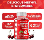 Vitamatic Extra Strength Vitamin B12 5000 mcg (Methyl B12) Gummies - 120 Count - Energy Metabolism Support and Nervous System Health Support, Natural Cherry Flavored (1)