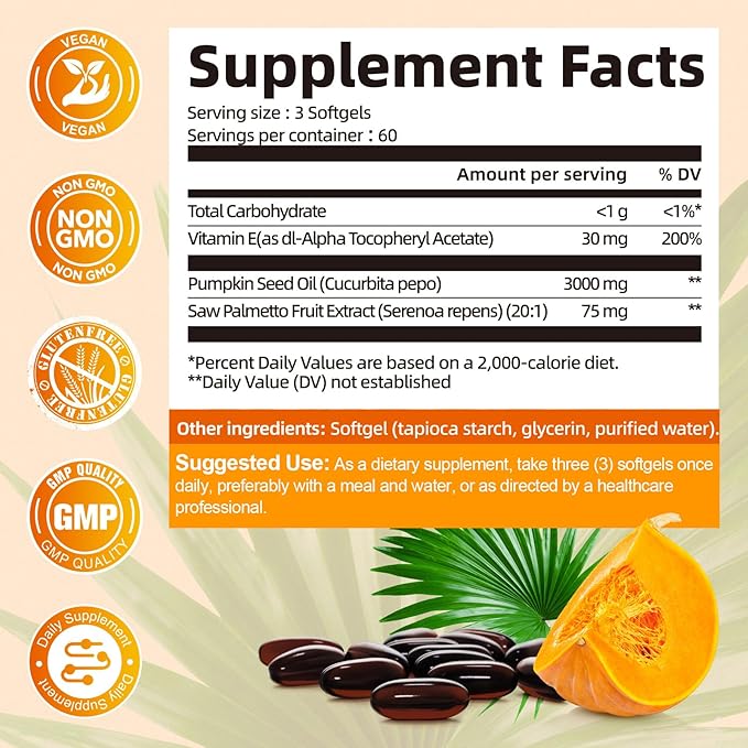 Pumpkin Seed Oil Capsules with Saw Palmetto, High Concentrated Pumpkin Seed Oil Supplement for Hair Growth, Urinary, Bladder & Prostate Health, Cold Pressed, Vegan, Non-GMO, 180 Softgels