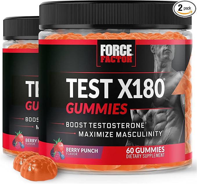 Force Factor Test X180 Gummies Testosterone Booster for Men with Tongkat Ali, Horny Goat Weed, Tribulus Terrestris, Fenugreek, & Black Maca, Testosterone Supplement for Men, Berry Punch, 120 Gummies