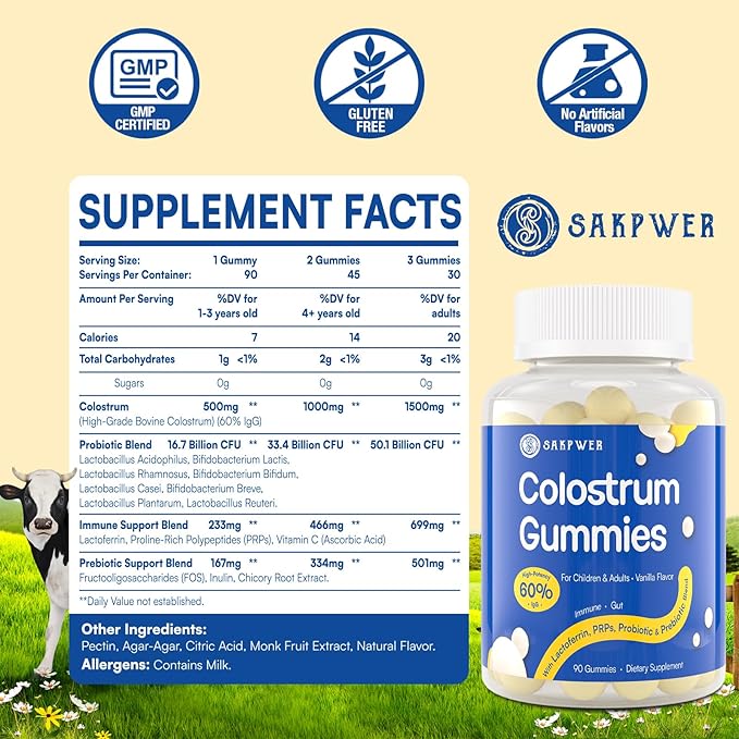 Bovine Colostrum Supplement Gummies - with 60% Highest IgG, Lactoferrin, Probiotics and Prebiotics for Adults and Kids, Vanilla Flavor & Sugar Free, 90 Gummies