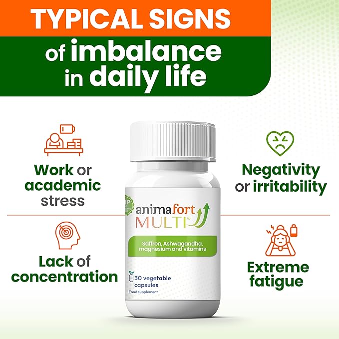 NIAM Laboratorios Ashwagandha KSM-66 & Saffron Supplement | Stress Relief, Mood & Emotional Balance | Vitamin B & Magnesium | Natural Pills for Mental Relaxation | 30 Capsules | AnimaFort Multi