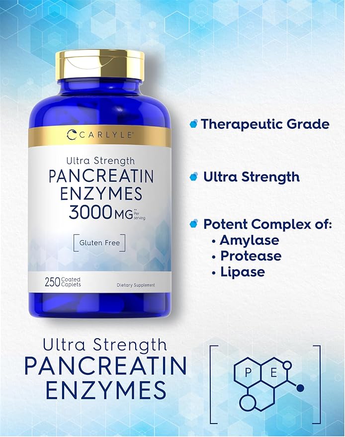 Carlyle Pancreatin Digestive Enzymes | 250 Caplets | with Protease, Amylase & Lipase | High Strength | Non-GMO, Gluten Free Supplement