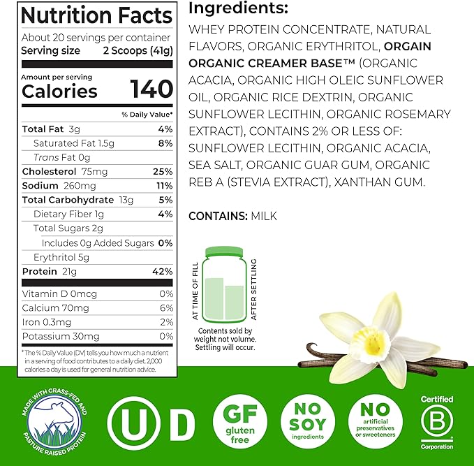 Orgain Whey Protein Powder, Vanilla Bean, 21g Grass Fed Dairy Protein, 5g BCAAs, 3g Prebiotic Fiber, 2g Sugar, No Added Hormones, Gluten Free, Kosher, for Shakes & Smoothies, 1.82 lb