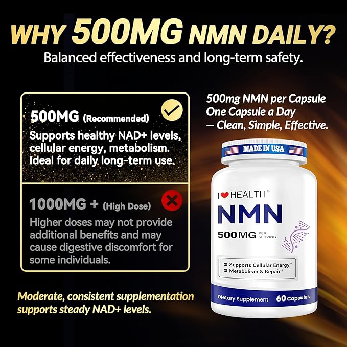 NMN 500MG Per Capsule – High Purity 99.9% NMN, NAD+ Support for Cellular Energy & Healthy Aging, 60 Capsules, Third-Party Tested, cGMP Made in USA