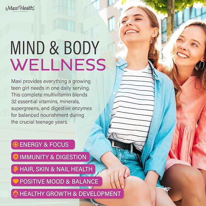Teen Vitamins for Girls 12-17 - Teen Multivitamin Supreme with D3, Iron, Calcium, Biotin, Digestive Enzymes – Teenager Girl Multi Vitamins for Energy, Immune & Mood Support – 60 Count