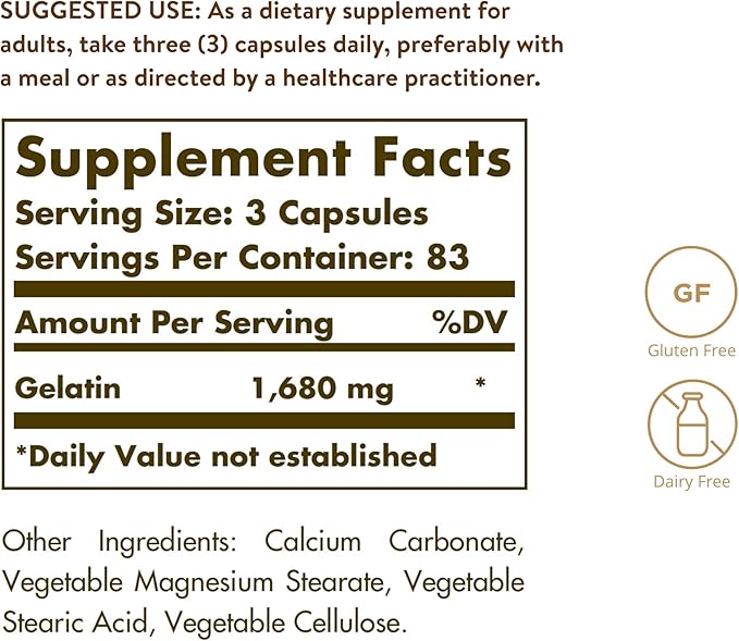 Solgar Gelatin 1680 mg, 250 Capsules - Natural Gelatin - Supports Bone, Joint & Skin Health - Gluten Free, Dairy Free - 83 Servings