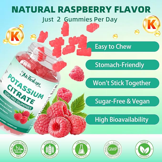 Potassium Citrate Supplement Gummies, Potassium Supplements for Women & Men, Helps Maintain Muscle Wellness & Electrolyte Balance, Vegan, Raspberry Flavor, 120 Count Potassium Gummies