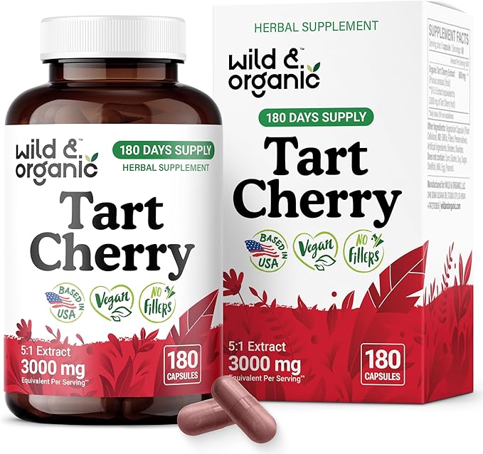 Wild & Organic Tart Cherry Extract Capsules 600 mg - Uric Acid Support - Tart Cherry Supplement - Prunus Cerasus Fruit Powder - 180 Days of Supply - Vegan, No Fillers, Non-GMO - 180 Count
