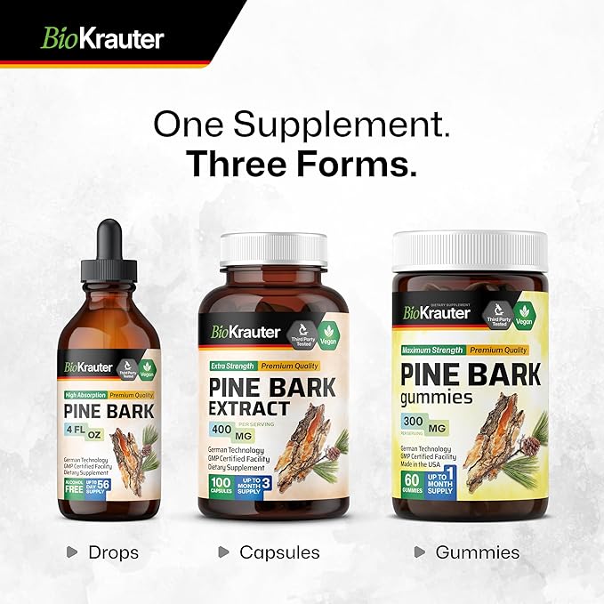 BIO KRAUTER® Pine Bark Extract for Skin & Antioxidant Support - French Maritime Pine Bark Gummies 300 mg for Clear Skin - 90 Gummies, 45-Day Supply - Non-GMO, Blueberry Flavor