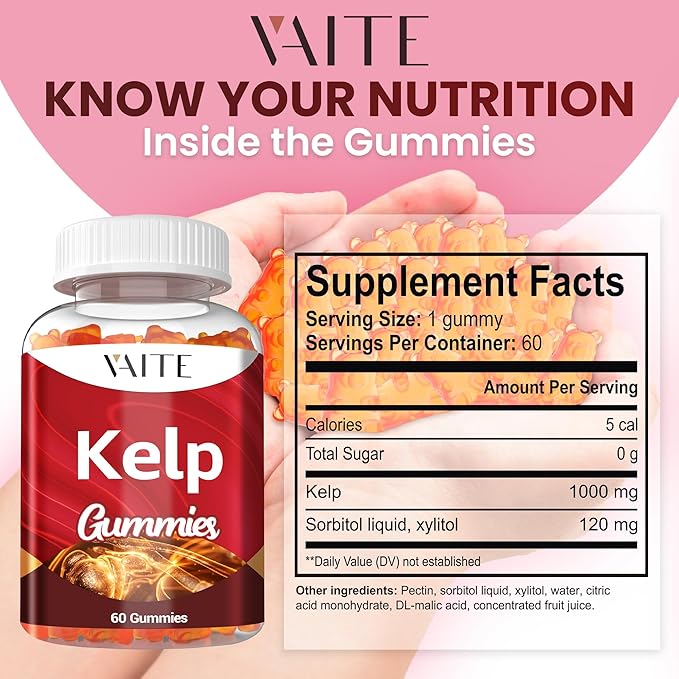 Kelp Supplement 1000mg – Iodine Formula with Fucus, Marine Trace Minerals, Seaweed-Derived Plant-Based Gummies, Vegan-Friendly, Gluten-Free, Non-GMO, 60 Chewables for Women and Men, Daily Use