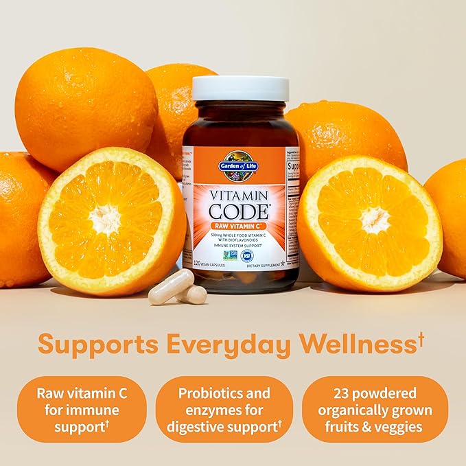 Garden of Life Vitamin Code Raw Vitamin-C, 500mg Whole Food VIT-C Capsules + Fruit & Veggie Blend & Probiotics, Supplements for Adults, Vegan, Gluten Free, 120 Capsules, (Pack of 6)