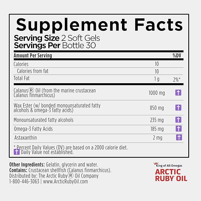 Arctic Ruby Oil 1000mg – Omega 3 Supplement for Women and Men with EPA, DHA & Astaxanthin 2mg - Fish & Krill Oil Alternative – 60 Softgels (1 Pack)