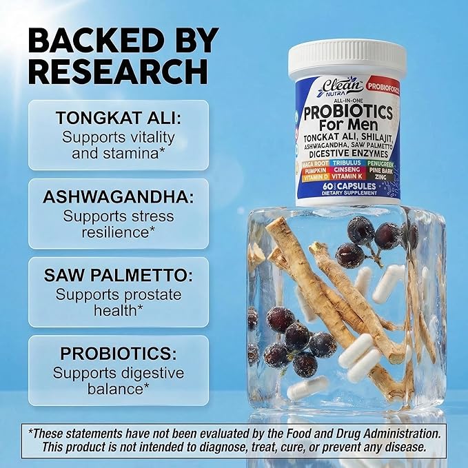 Clean Nutra Probiotics for Men | Tongkat Ali, Saw Palmetto, Tribulus, Ginseng, Ashwagandha, Maca, Pumpkin, Gingko Biloba, Pine Bark, Fenugreek, Shilajit, Zinc - Mens Probiotic 60 Capsules