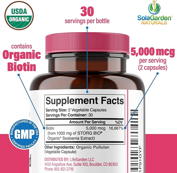 USDA Organic Whole Food Biotin Supplement, Made with Plant-Based Biotin from Sesbania Agati Trees, by SolaGarden Naturals, 60 Non-GMO Vegan Capsules, Supports Hair, Skin, and Nails, Made in USA