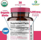 USDA Organic Whole Food Biotin Supplement, Made with Plant-Based Biotin from Sesbania Agati Trees, by SolaGarden Naturals, 60 Non-GMO Vegan Capsules, Supports Hair, Skin, and Nails, Made in USA