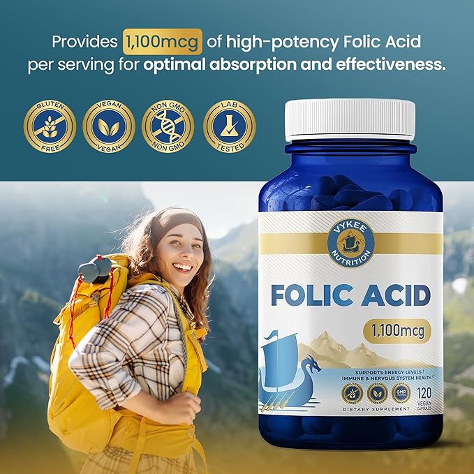 Vykee Nutrition Folic Acid Capsules - Supports Body Processes, Prenatal Health and Energy - Vitamin B9 Supplement for Women - Vegan, Non-GMO, Gluten Free - 1100 mcg, 120 Count