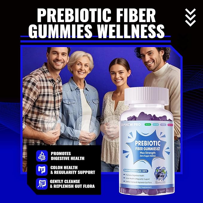 Prebiotic Fiber Gummies for Adults, 7G Extra Strength, Zero Sugar Added, 90 Pectin Based Gummies, Digestive Health & Regularity Support-Blueberry