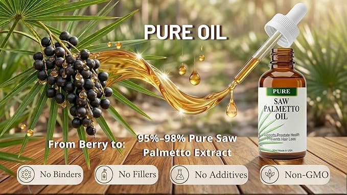 Pure Saw Palmetto Oil – 95-98% Concentrated Organic Extract – Liquid Saw Palmetto for Men & Women – Alternative to Capsules & Powder – 1 Fl Oz
