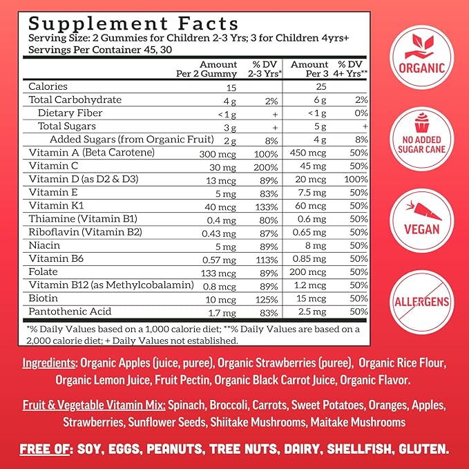 Llama Naturals Kids Multivitamin Gummies | Real Fruit, No Added Sugar Cane | Organic Vegan Toddler Whole Food Vitamins | Vitamin D, C & Beta Carotene Gummy Supplement | Strawberry 90 Ct (1-2 Months)