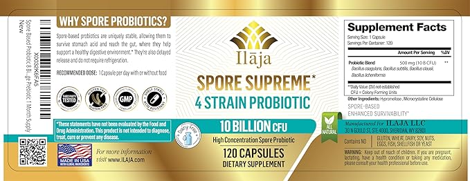 Spore Supreme Spore Based Probiotic 120 Capsule x 10 Billion / 4 Strain Formula - 4 Month Supply - No Refrigeration Needed, Acid Resistant Strains, Dairy Free
