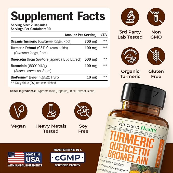 Quercetin with Bromelain Turmeric Curcumin Supplement – Allergy Relief, Immune & Joint Support – Organic Turmeric Supplement w/Bioperine for Enhanced Absorption, Quercetin 500mg Capsules 2 Pack