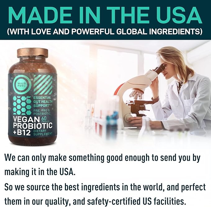 Vegan Probiotic Plus B12 & FOS - 22 Billion CFU Synbiotics Prebiotics and Probiotics for Digestive Health, IBS, Mood Support - B12 Pre Pro Post Biotics for Women & Men - 60 Gluten-Free Capsules