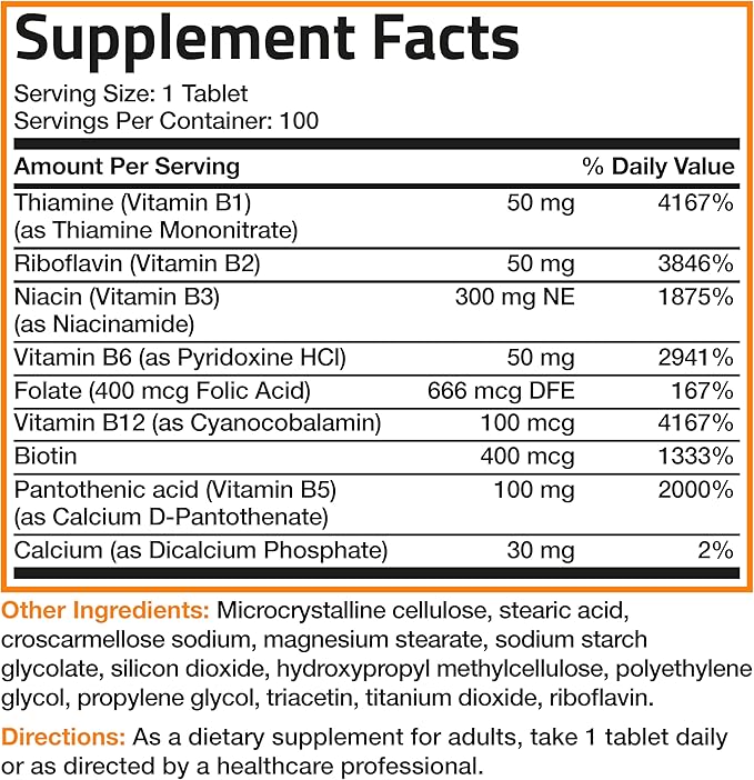 Bronson Vitamin B Complex (Vitamin B1, B2, B3, B6, B9 - Folic Acid, B12), 100 Tablets