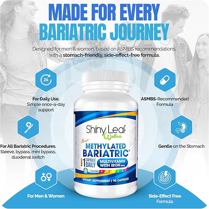 Shiny Leaf Methylated Bariatric Multivitamin with Iron 45mg – Once Daily Capsule, Made in USA, ASMBS Compliant Bariatric Vitamins for Gastric Bypass & Gastric Sleeve, for Men & Women – (90 Count)