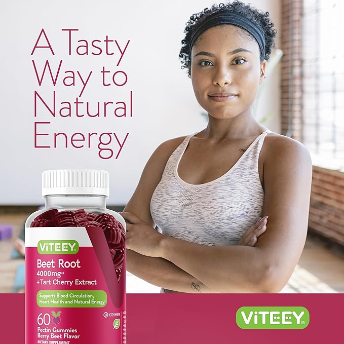 Viteey Beet Root Gummies 4000mg [from 80mg of 50:1 Extract] with Tart Cherry - for Healthy Blood Pressure Support - Vegan, Gelatin Free, Gluten Free-Tasty Chewable Berry Beet Flavored Gummy-120 Count