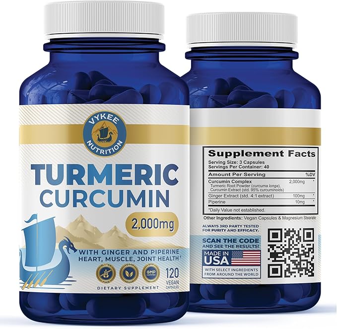 Vykee Nutrition Turmeric Curcumin 2,000mg with Ginger & Piperine – High Potency 95% Curcuminoids, Enhanced Absorption and Joint Support – Vegan, Non-GMO, 120 Capsules