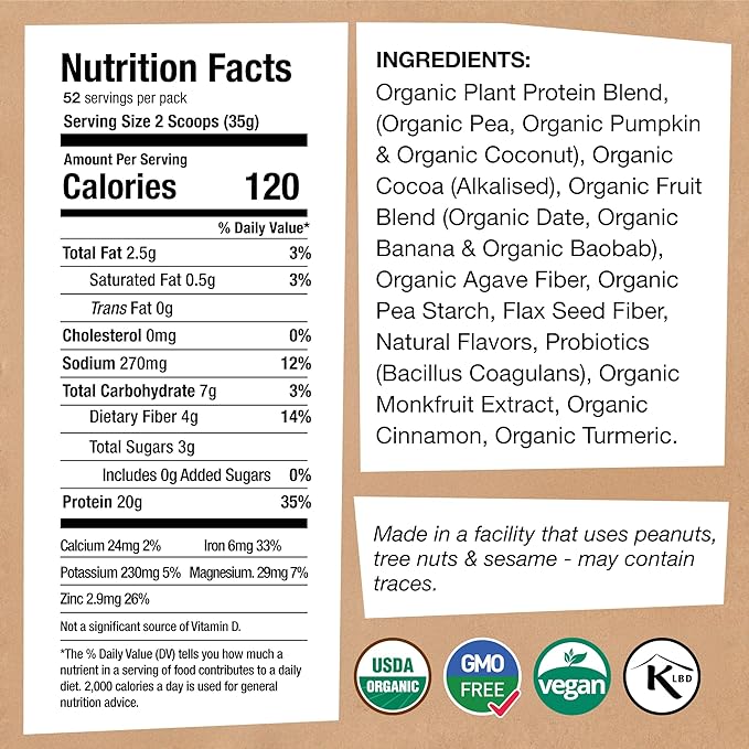 EarthChimp Organic Vegan Protein Powder - with Probiotics - Non GMO, Dairy Free, Non Whey, Plant Based Protein Powder for Women and Men, Gluten Free - 52 Servings, 64 Oz (Chocolate)