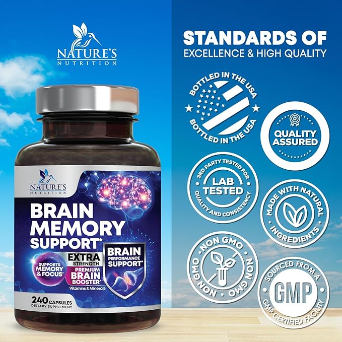 Brain Memory Supplement Pills - 3X Strength Nootropics for Concentration, Clarity & Focus Support - Brain Health Cognitive Vitamins with Bacopa, Phosphatidylserine & DMAE, Brain Booster - 240 Capsules