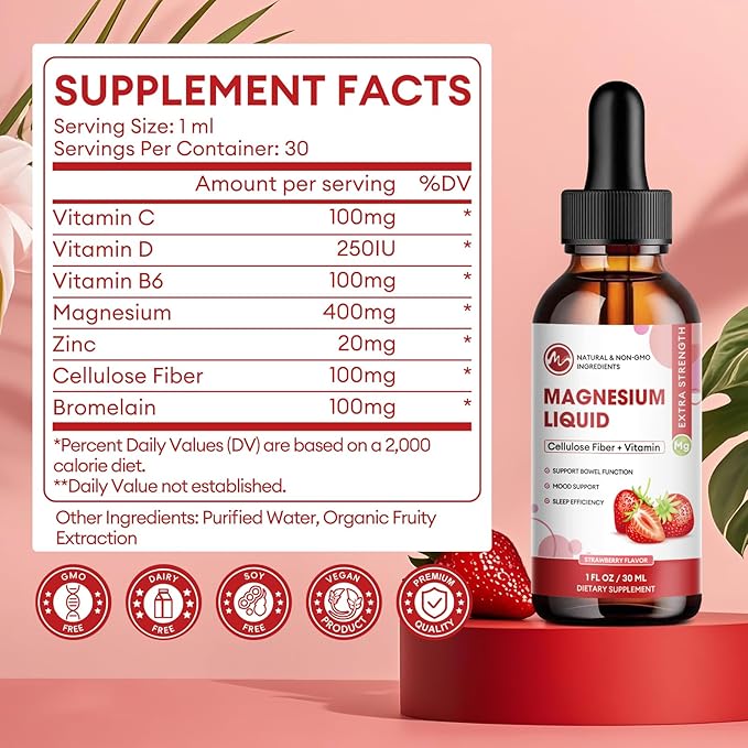 (3 Pack) Magnesium Glycinate Liquid Drops, High Absorption Magnesium Liquid with Bromelain, Vitamin B6 C D, Magnesium Supplement for Kids and Adults, Night & Muscle Support, Strawberry Flavor