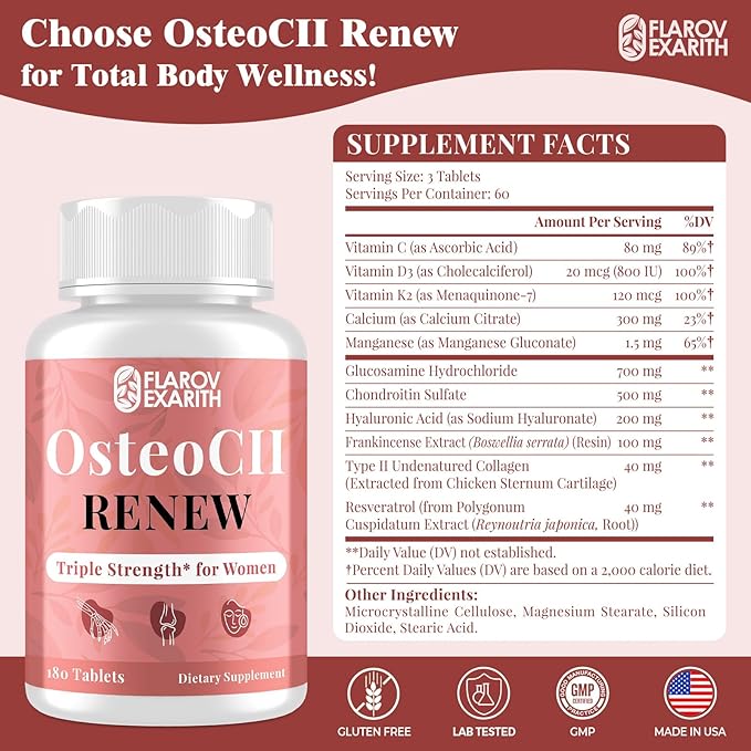 Joint Supplements for Women OsteoCII Renew Triple Strength – Advanced Joint, Bone & Skin Formula – Collagen, Glucosamine, Chondroitin, Calcium, MK-7, Vitamin D3, Hyaluronic Acid, 180 Tablets