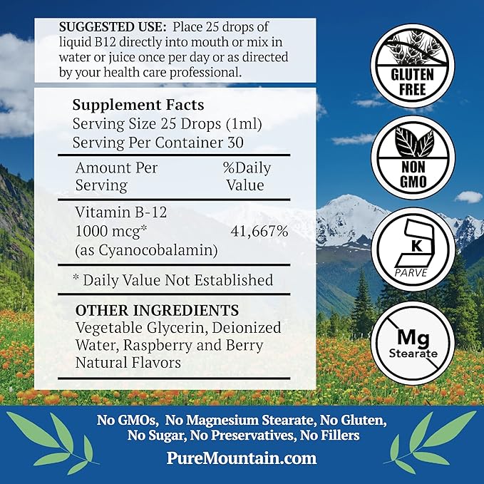 Pure Mountain Botanicals B12 Vitamin 1000 mcg – Kosher Liquid B12 Drops with Natural Berry Flavor