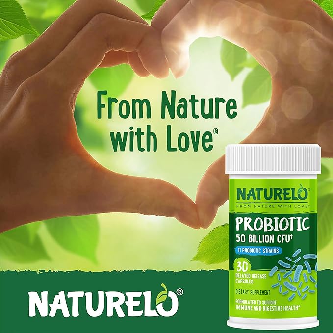 NATURELO Probiotics for Digestive Health, 50 Billion CFU, 30 Vegetarian Capsules, 11 Strains, Daily Use Supplement, Delayed Release, No-Fridge, Helps Boost Immune System, Probiotics for Women & Men