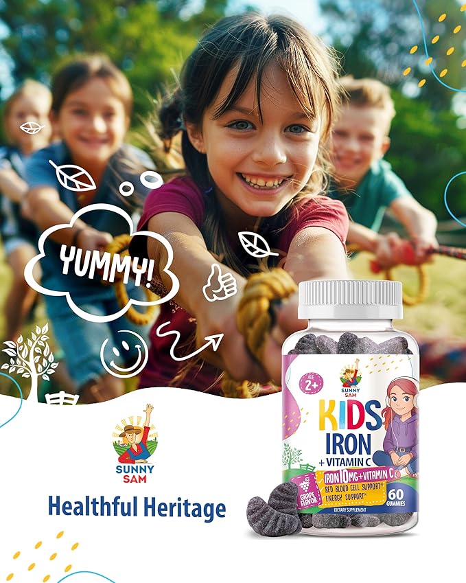 SUNNY SAM Iron Gummies for Kids & Teens - 10mg Iron Vitamins with Vitamin C - Low-Sugar Chewable Gummy Supplement for Immune Support, Supports Red Blood Cell Production for Children & Teen Girls