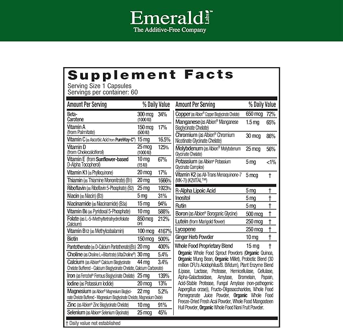 EMERALD LABS Prenatal 1-Daily Multi - Prenatal Multivitamin with Methylated Folate, Iron, Whole-Food Blend & More - Soy-Free, Gluten-Free - 60 Vegetable Capsules