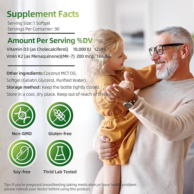 Vitamin D3 K2 Softgels, D3 10000 IU with K2 (MK-7) 200 mcg with Coconut Oil Softgels, Easy to Swallow 2 in 1 Vitamins D & K, Supports Calcium Absorption, Immune and Heart Health - 90 Counts