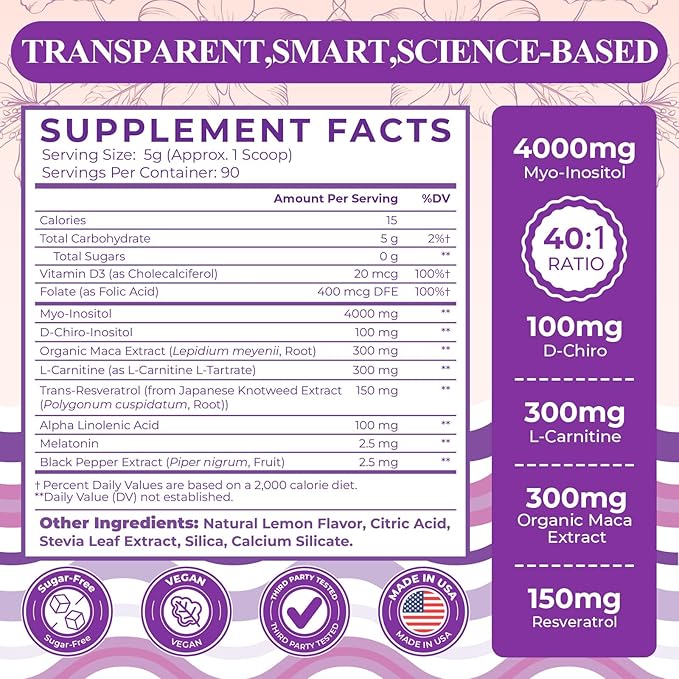 90-Day Myo-Inositol & D-Chiro Inositol Supplement for Women, Fertility Supplements Hormonal Balance for Women Ovarian Health Support, High 4000mg:100mg Inositol Powder with Folic Acid & Vitamin, Vegan